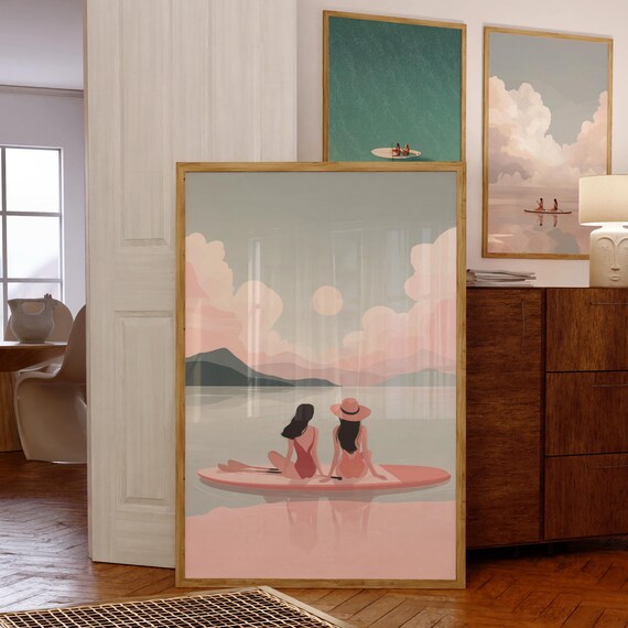 Sunset Paddle Board Wall Art Pastel Coastal Print For Beach Decor Minimalist With Two Women Soft Pink Ocean Paddleboard