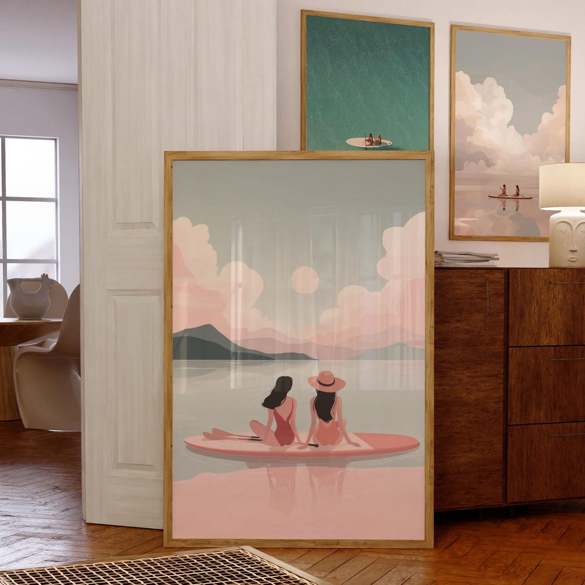 Sunset Paddle Board Wall Art Pastel Coastal Print For Beach Decor Minimalist With Two Women Soft Pink Ocean Paddleboard