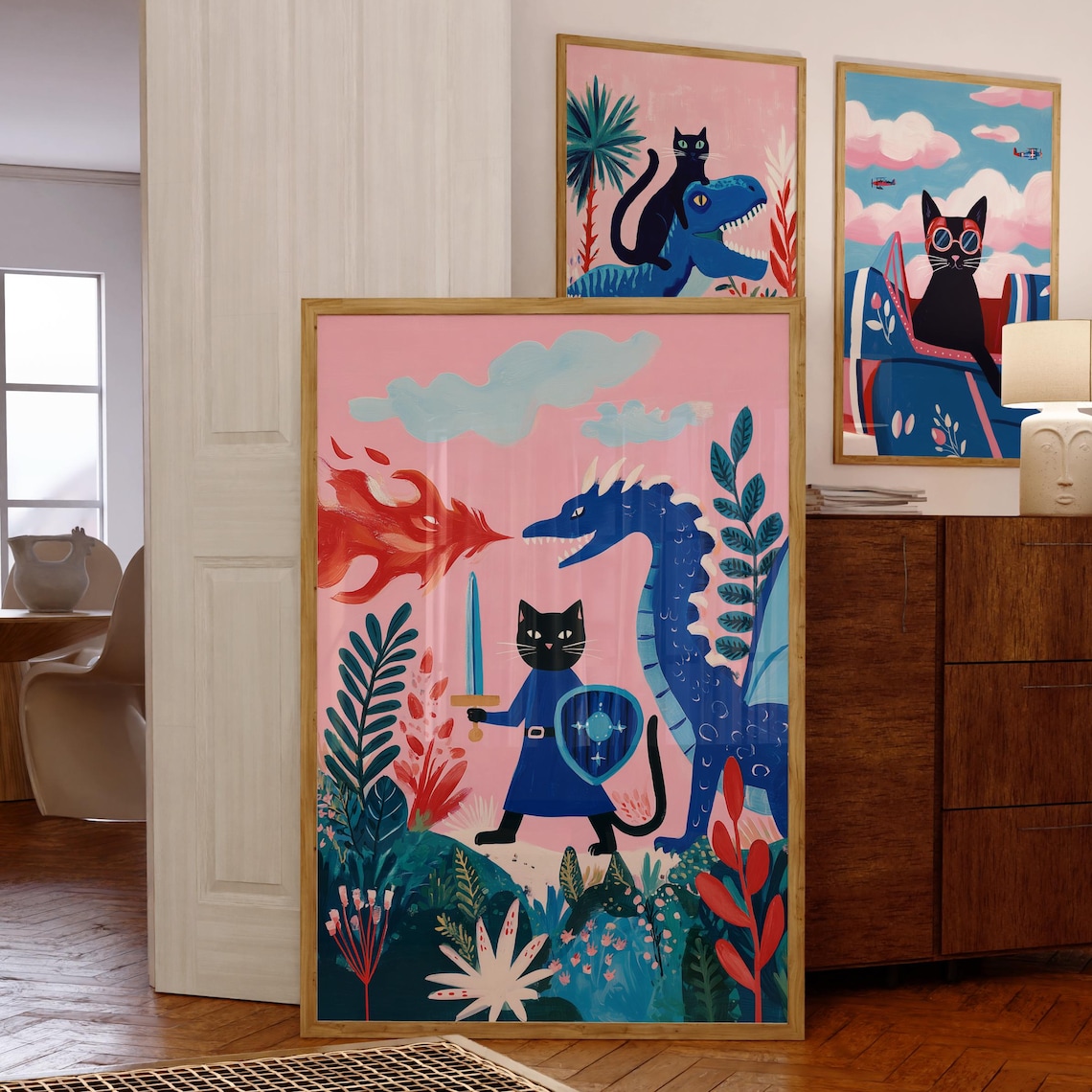 Fantasy Cat Knight Wall Art, Whimsical Print