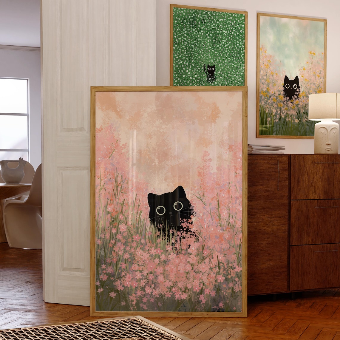 Black Cat in Pink Flower Field, Whimsical Art Print
