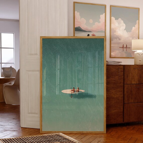 Paddleboard Wall Art Sage Green Summer Poster Minimalist Gift For Ocean Lovers Coastal Decor Cute