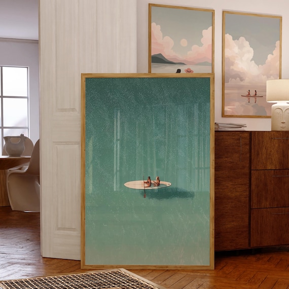Two Friends Paddleboard Teal Water Minimalist Coastal Summer Poster