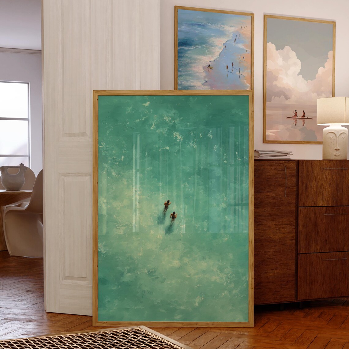 Turquoise Ocean Swimmers Aerial Minimalist Summer Beach Art Poster