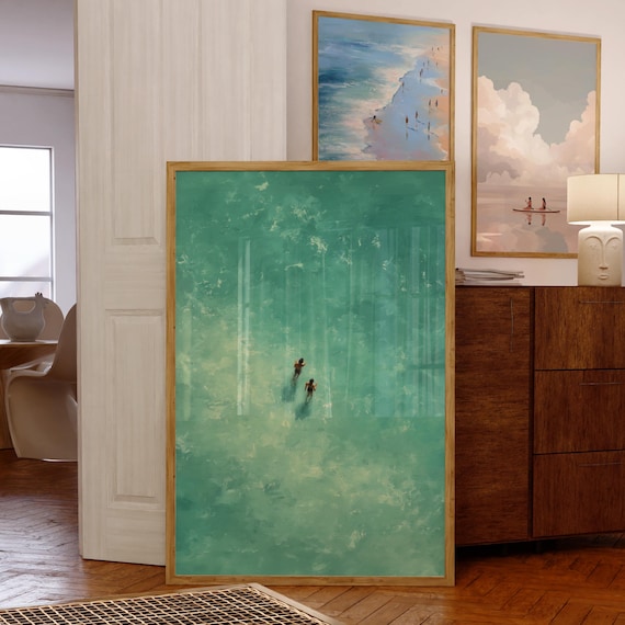 Turquoise Ocean Swimmers Aerial Minimalist Summer Beach Art Poster