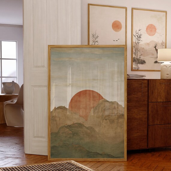 Japanese Landscape Wall Art Red Sun Mountain Print Traditional Asian Painting Zen Nature Poster Minimal