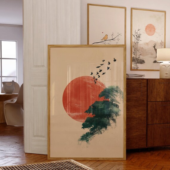 Japandi Minimalist Wall Art Red Sun And Flying Birds Print Zen Nature Landscape Painting For Modern Home Decor Oriental