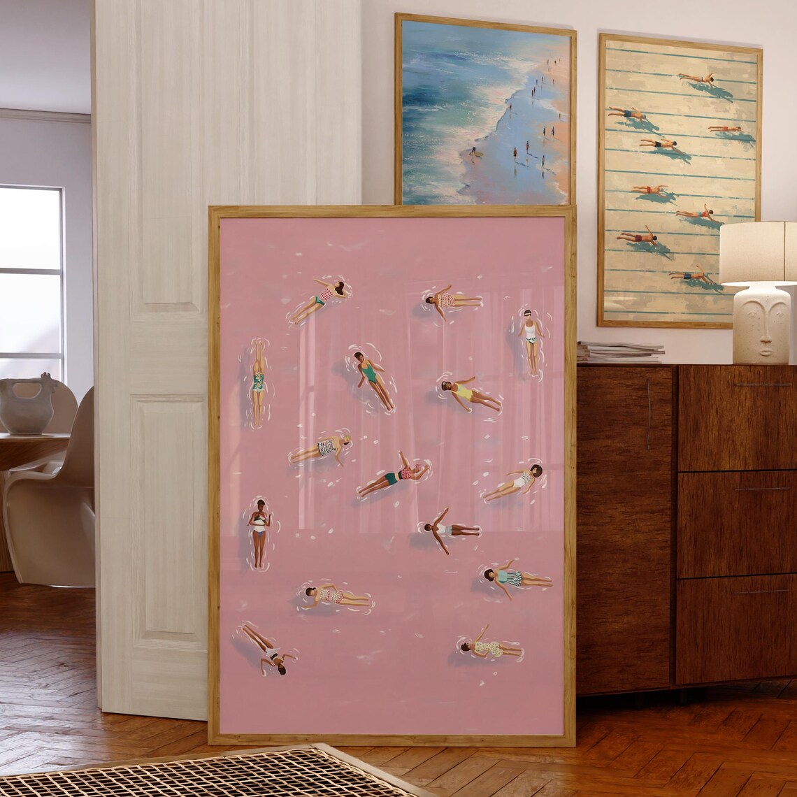 Pink Water Swimming Women Aerial Pool Minimalist Wall Poster