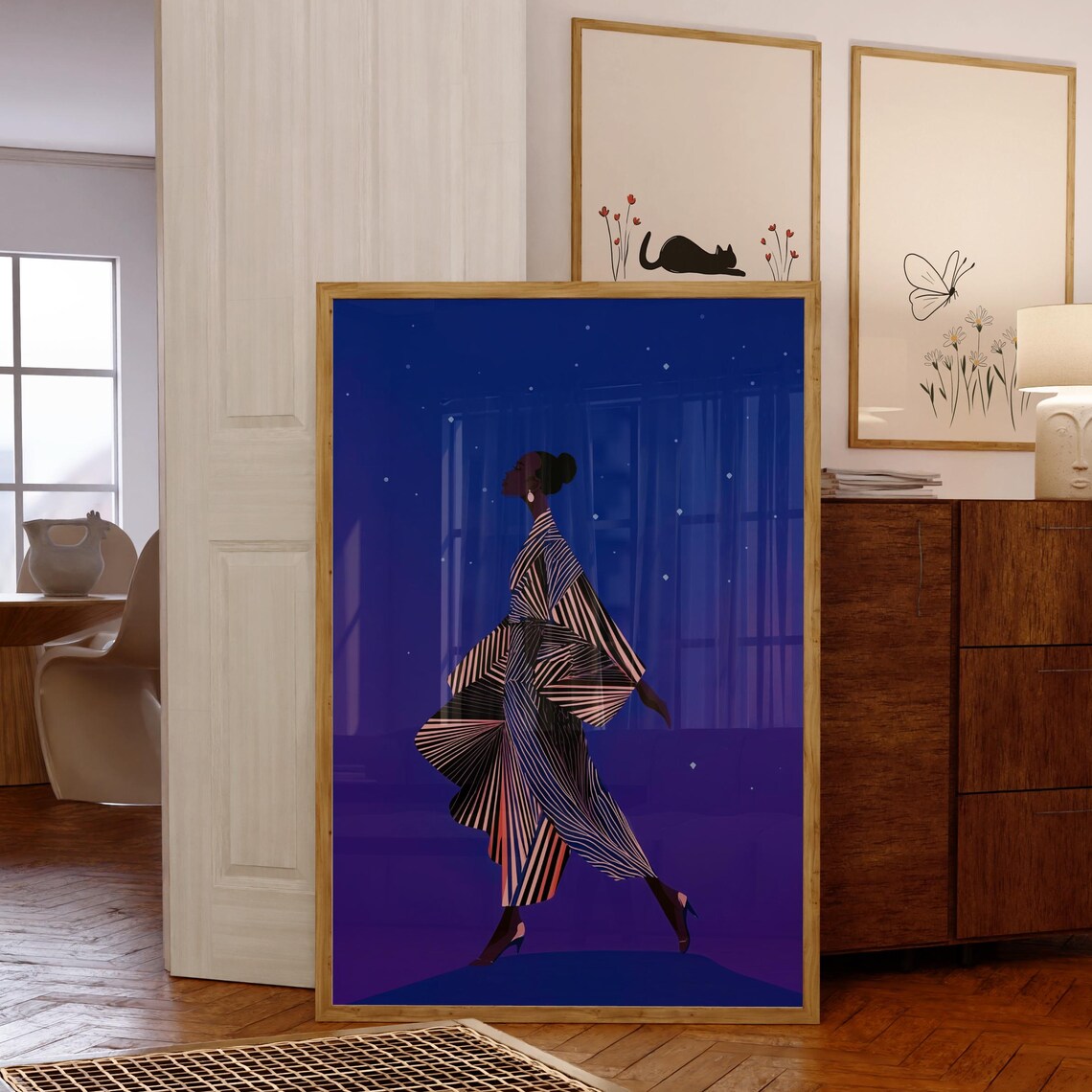 Modern African Woman Starry Night Minimalist Art Print
