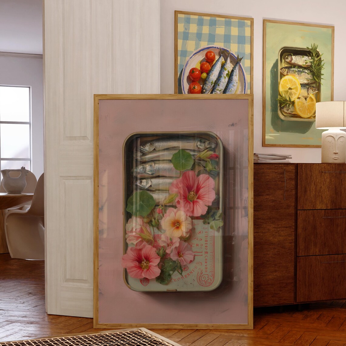 Vintage Sardine Tin Pink Floral Still Life Coastal Wall Art Piece
