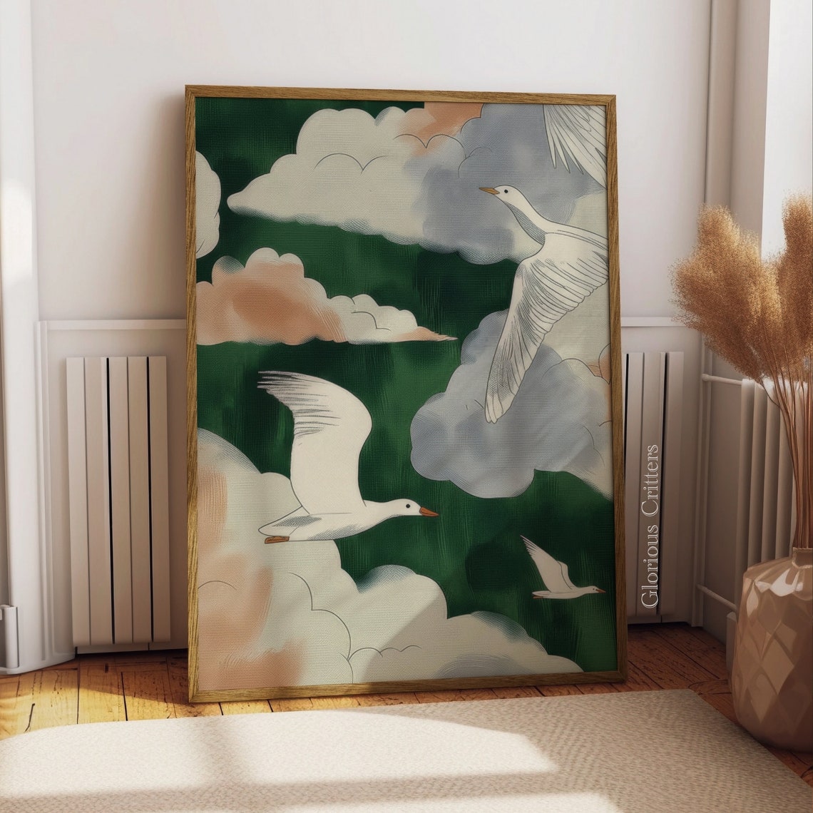 White Geese Flying Among Clouds Moody Emerald Green Sky Poster