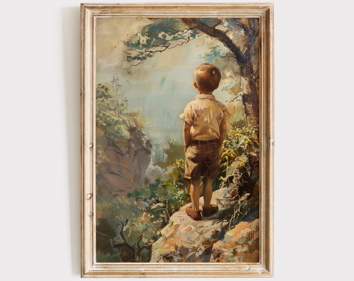 Young Boy Standing On Rocky Cliff Overlooking Forest Valley Art Print