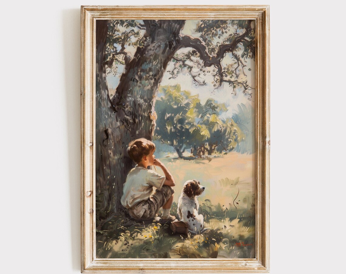 Vintage Boy and Dog Under a Tree Art Print