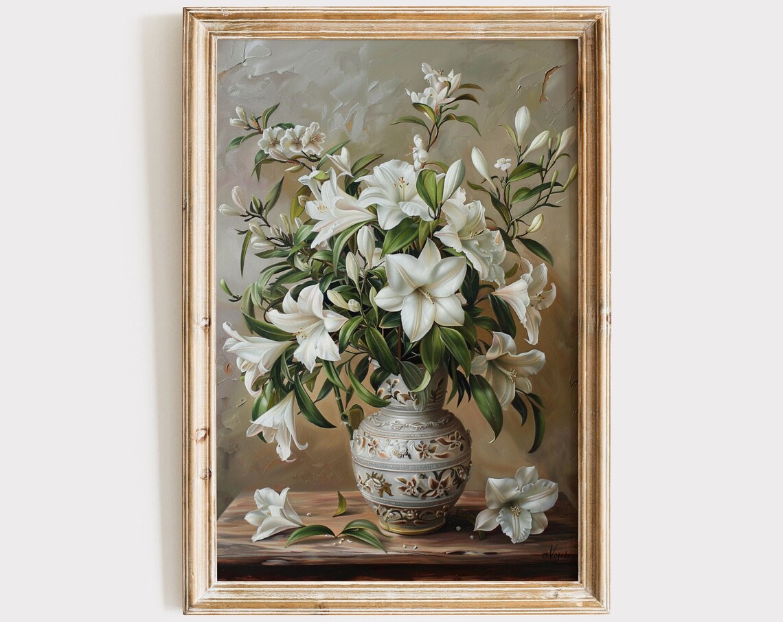 Vintage White Flower Painting, Floral Art Print
