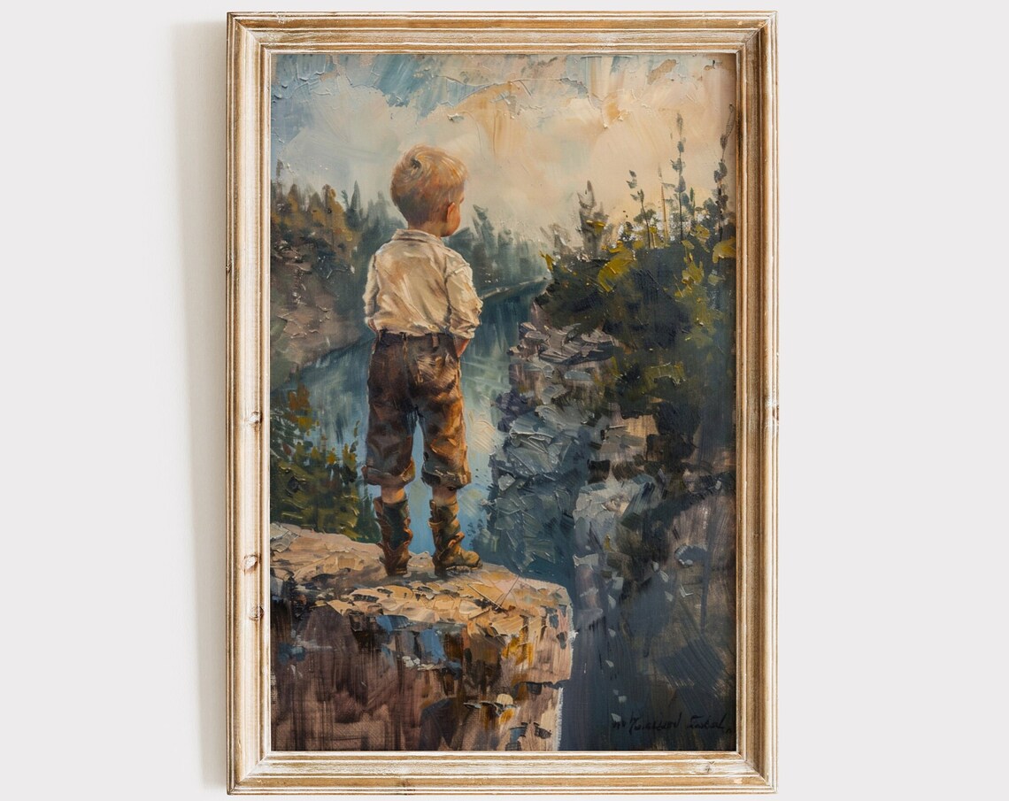 Boy Standing Cliff Edge Overlooking Valley Vintage Adventure Poster