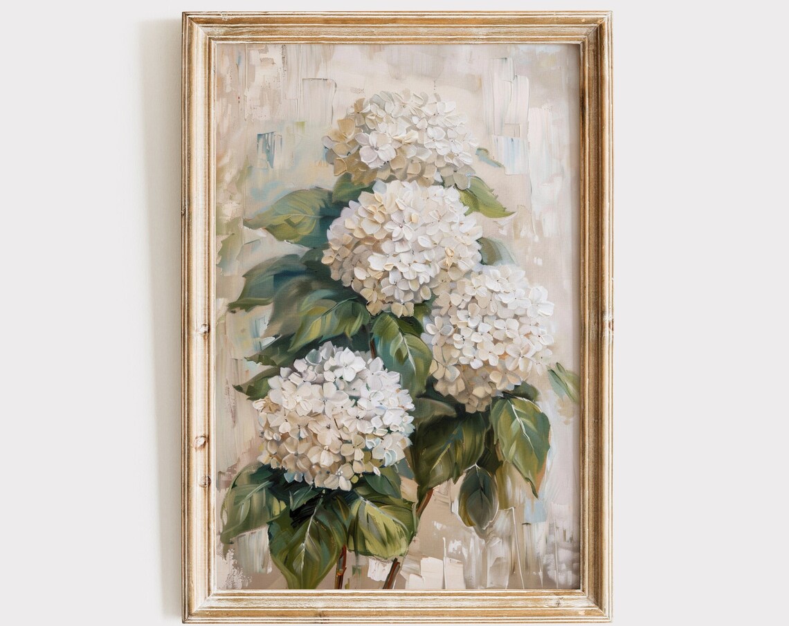 Vintage Hydrangea Painting, Rustic Floral Art Print