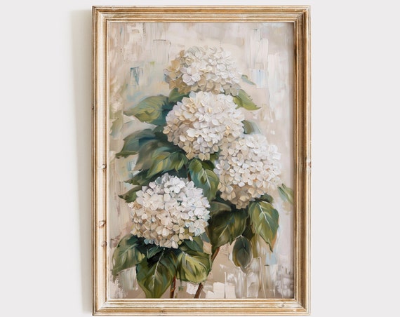 Vintage Hydrangea Painting, Rustic Floral Art Print