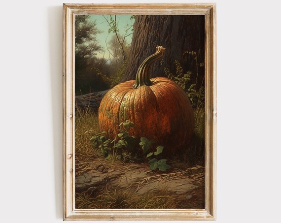 Giant Orange Pumpkin By Tree Trunk Autumn Oil Painting Poster