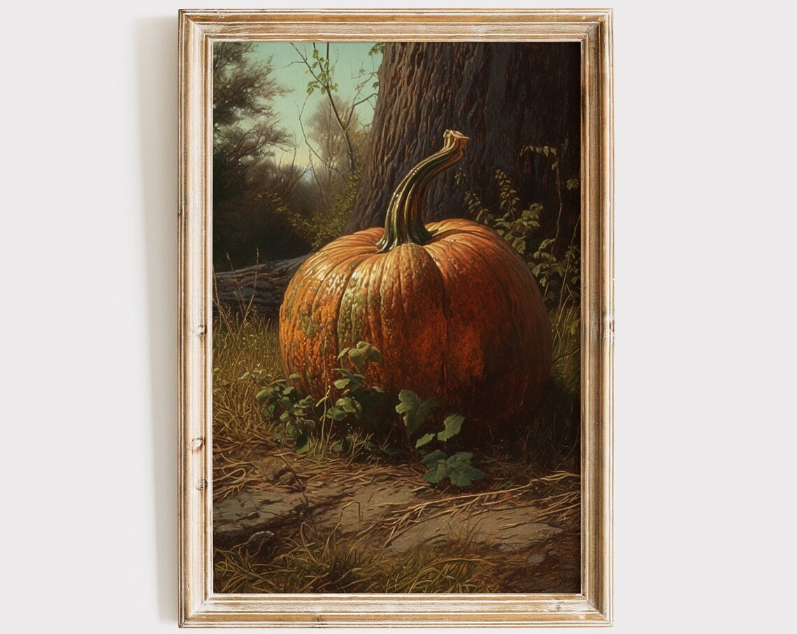 Giant Orange Pumpkin By Tree Trunk Autumn Oil Painting Poster