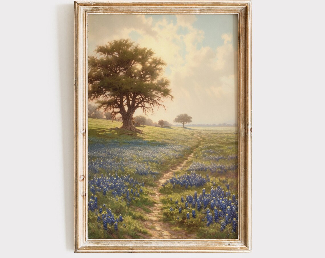 Bluebonnet Field Vintage Farmhouse Art Print, Texas