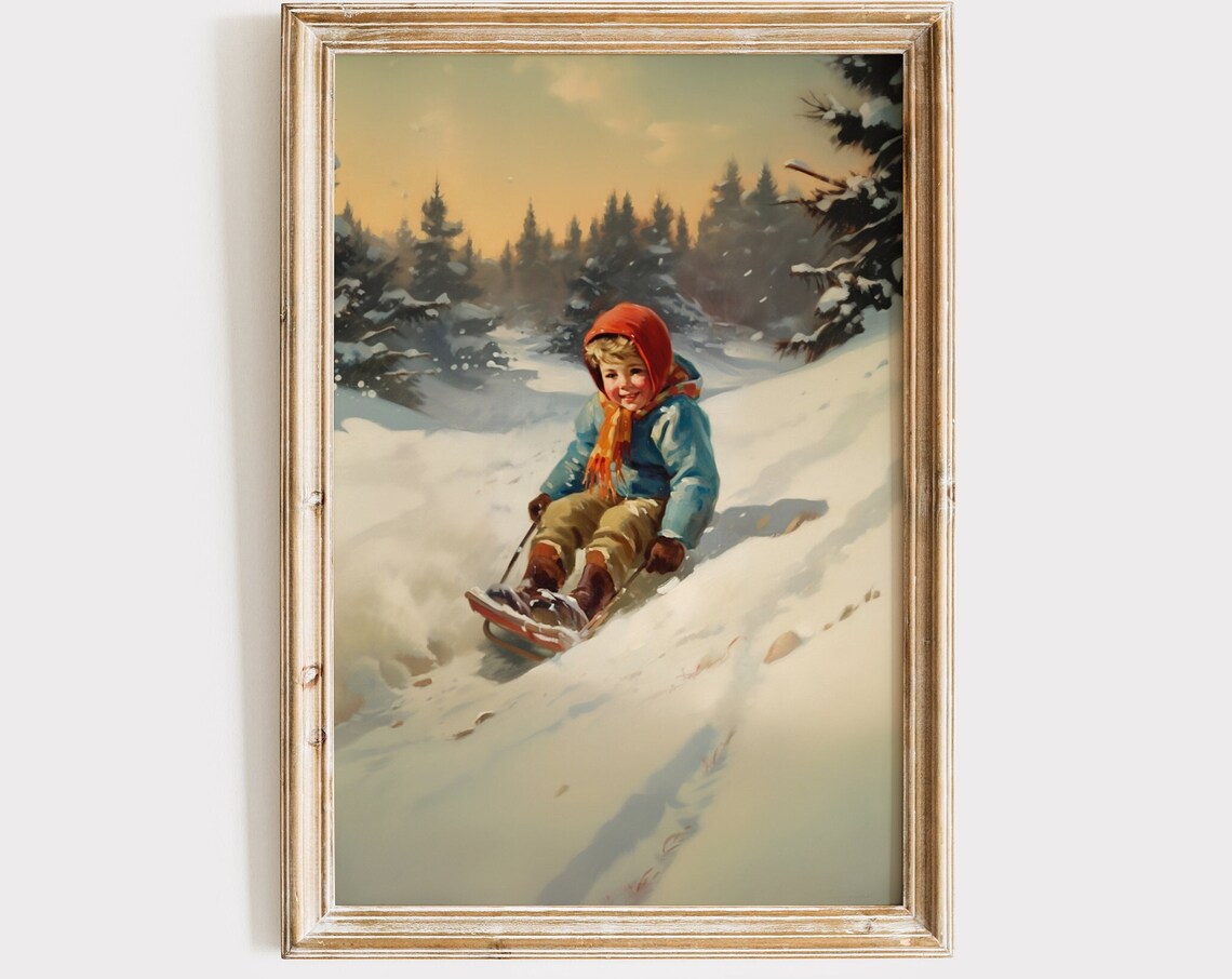 Vintage Winter Boy Sledding Christmas Art Print