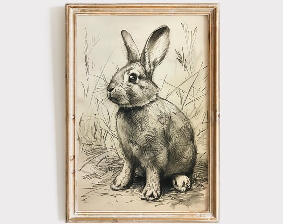 Baby Rabbit Sitting Grass Detailed Pencil Sketch Nursery Art Print
