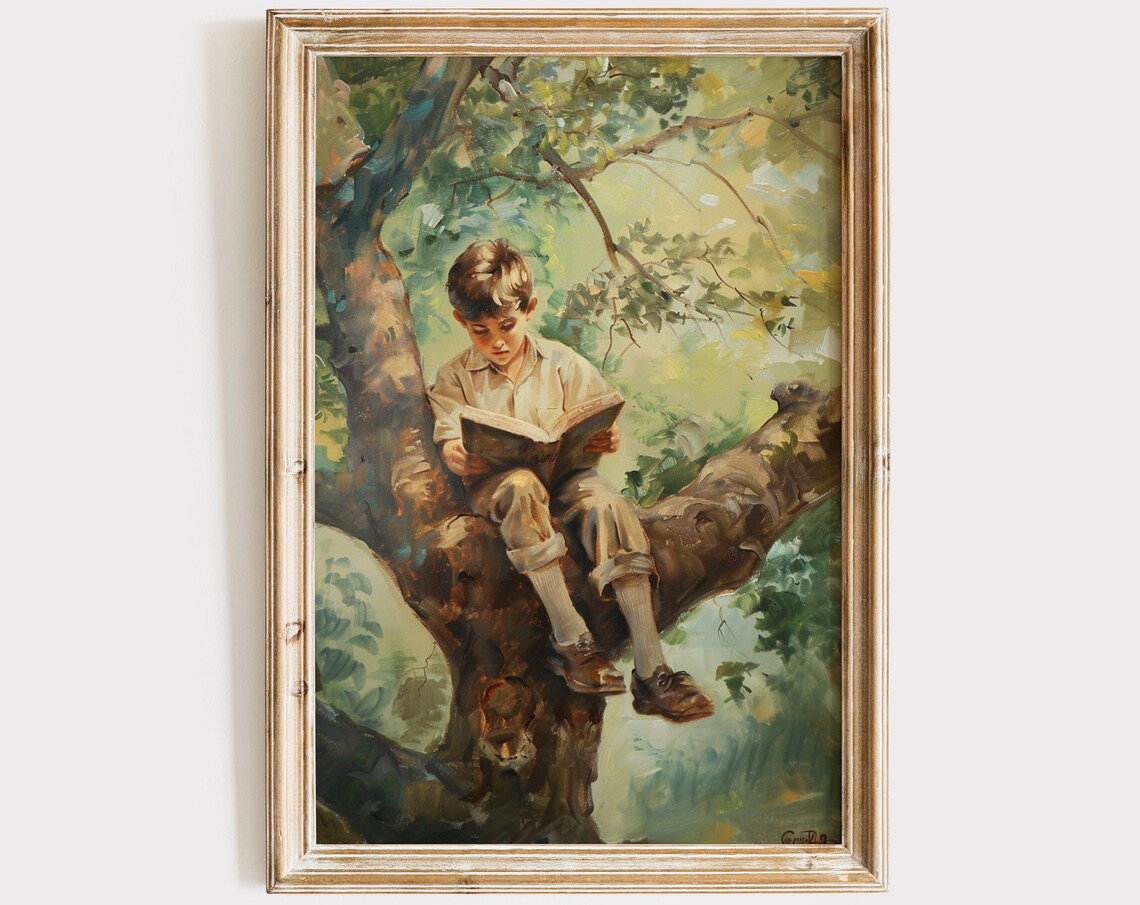 Vintage Boy Reading In A Tree Nursery Art Print