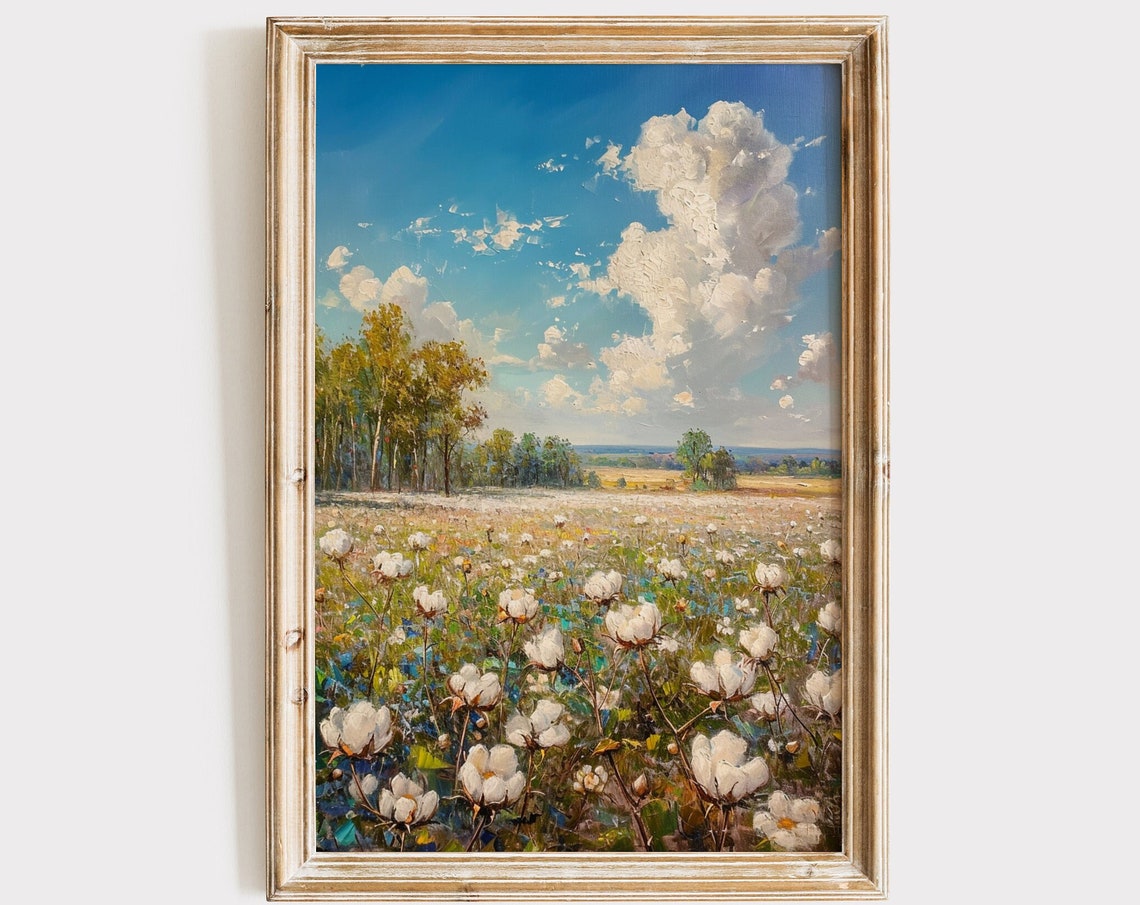 Cotton Field Under Towering Clouds Blue Sky Farm Landscape Art Poster