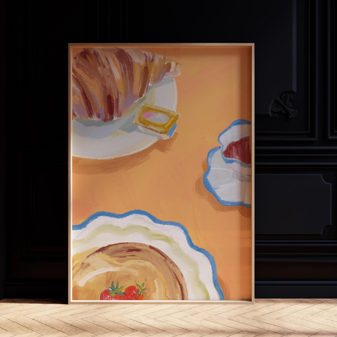 Orange Breakfast Table Croissant Coffee Painting Strawberry Art Print