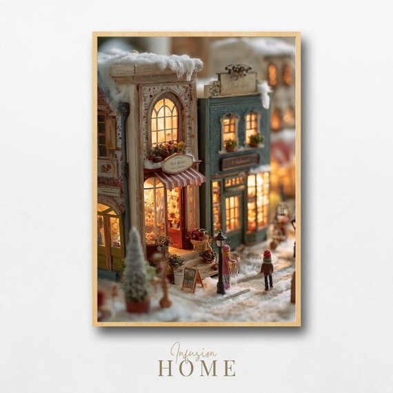 Miniature Christmas Bakery Snowy Village Cozy Street Scene Poster