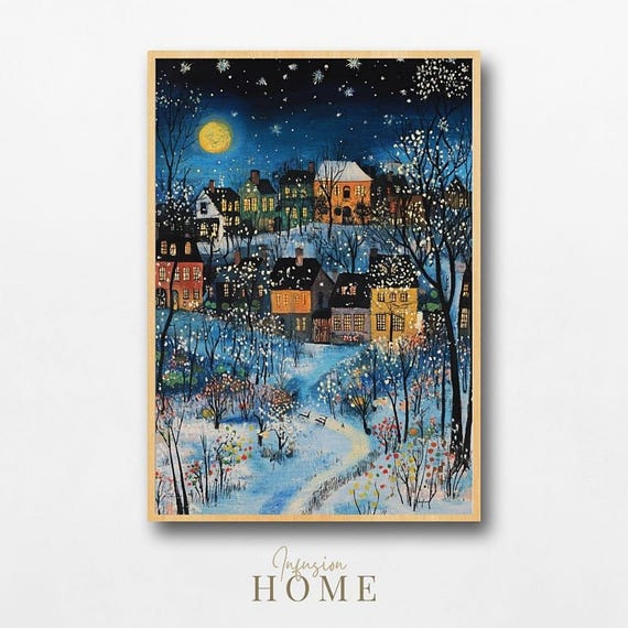 Winter Village Art Print Snowy Night Whimsical Cottage Scene