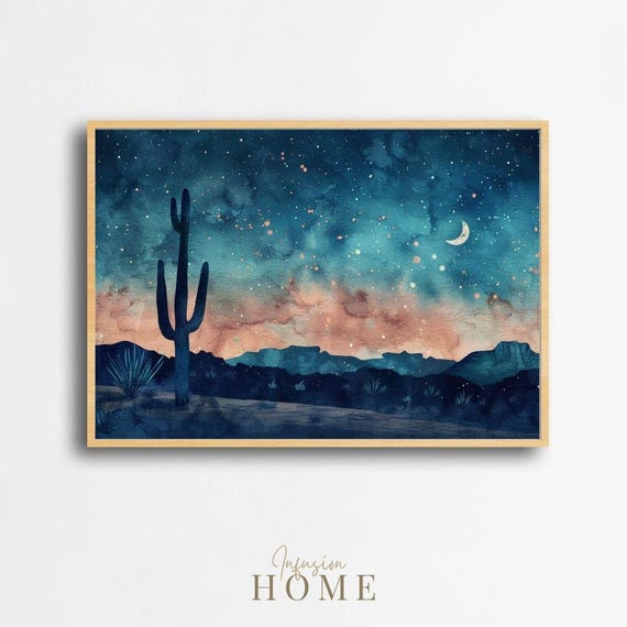 Cactus Under Crescent Moon Print Boho Southwestern Desert Landscape