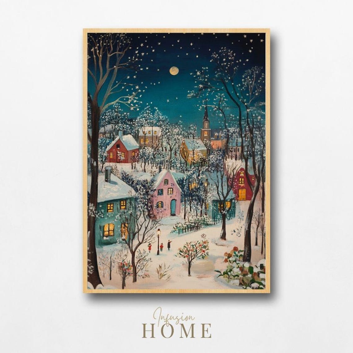 Winter Village Starry Night Cozy Snowy Town Scene Art Poster