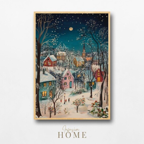 Winter Village Starry Night Print Cozy Town Art