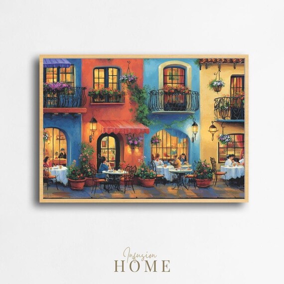 European Cafe Terrace Colorful Buildings Outdoor Dining Art Poster