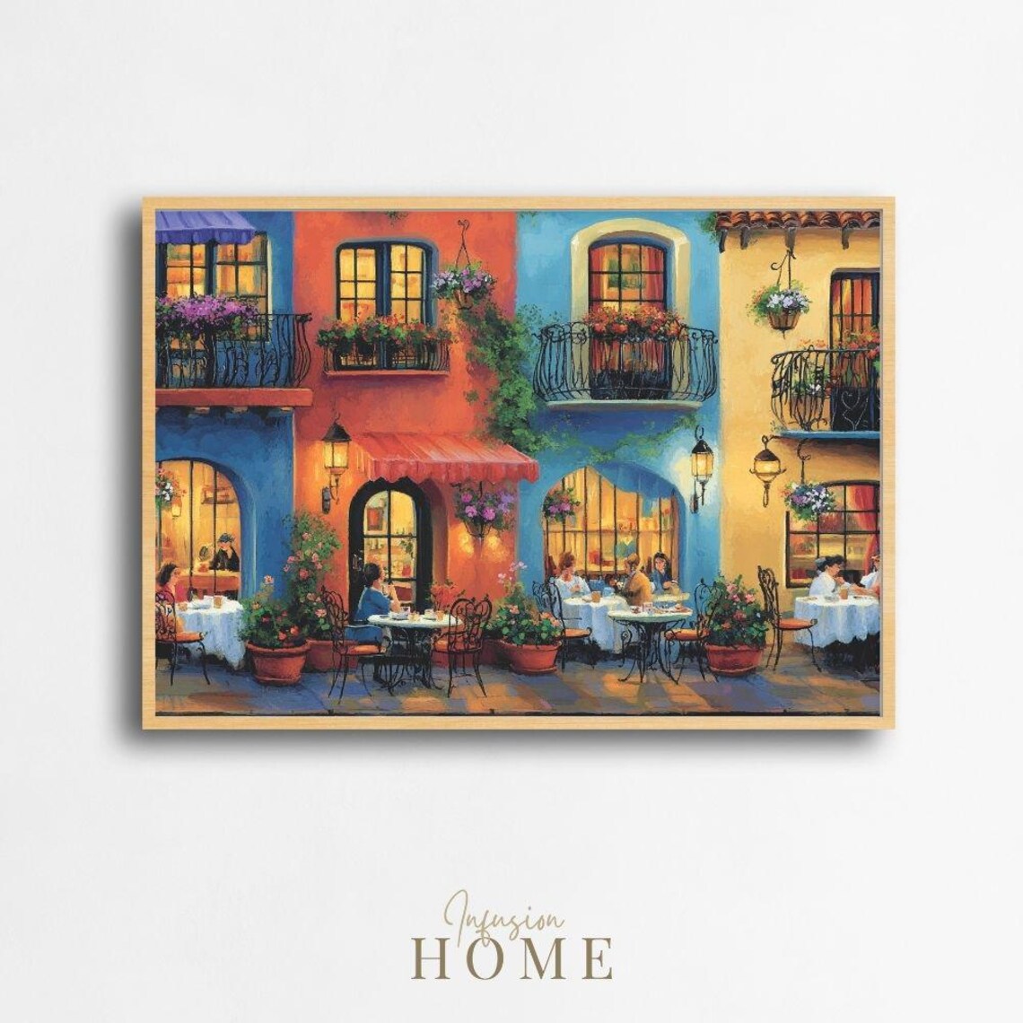 European Cafe Terrace Colorful Buildings Outdoor Dining Art Poster