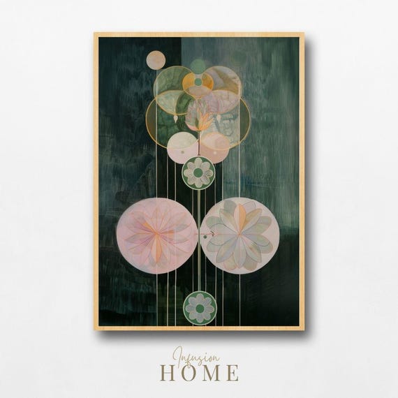 Geometric Flower Print Nordic Botanical Art Green Blush Tones