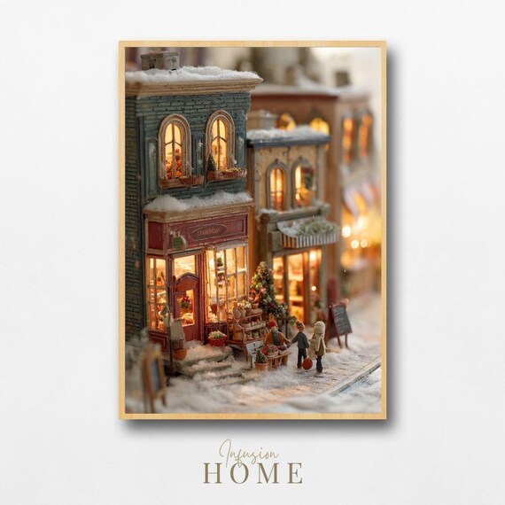 Miniature Christmas Shops Potted Plants Snowy Street Scene Print