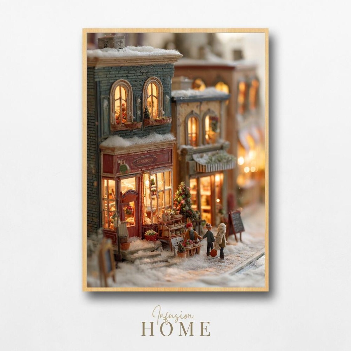 Miniature Christmas Shops Potted Plants Snowy Street Scene Print