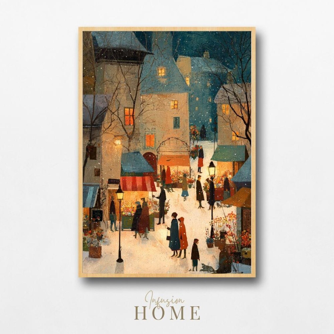 Snowy Village Flower Market Night Cozy Winter Street Art Poster
