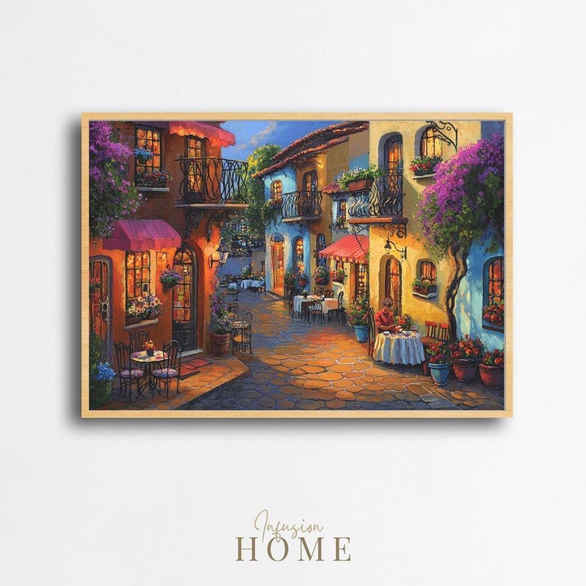 European Cafe Street Evening Diners Bougainvillea Scene Poster