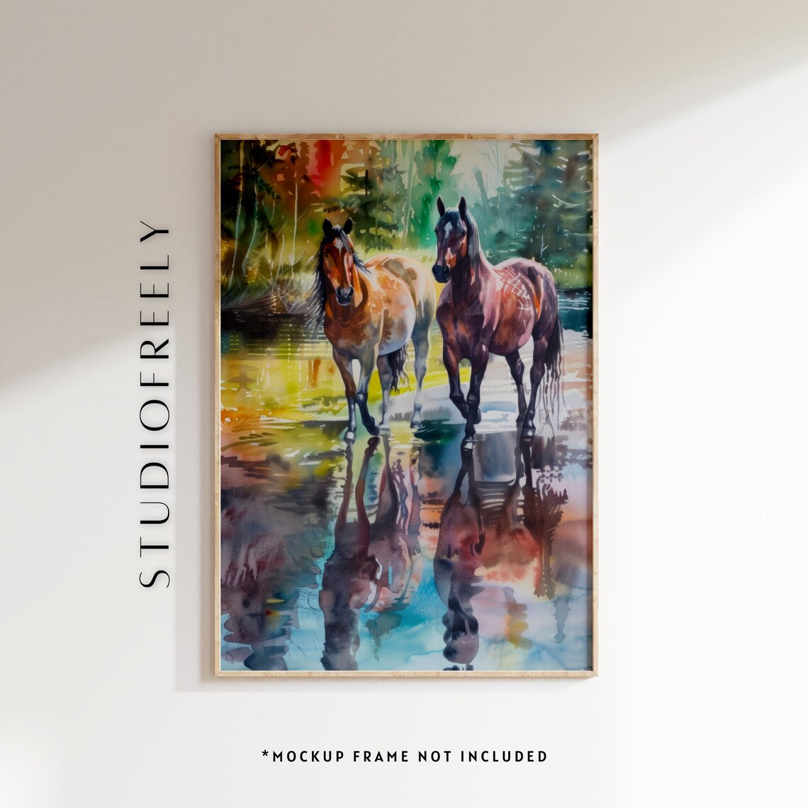 Wild Horses Watercolor Painting, Creek Landscape