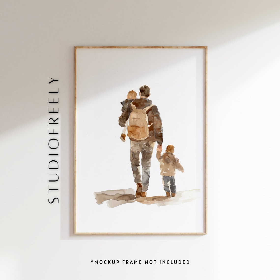 Father And Two Kids Watercolor Portrait, Beige Minimalist