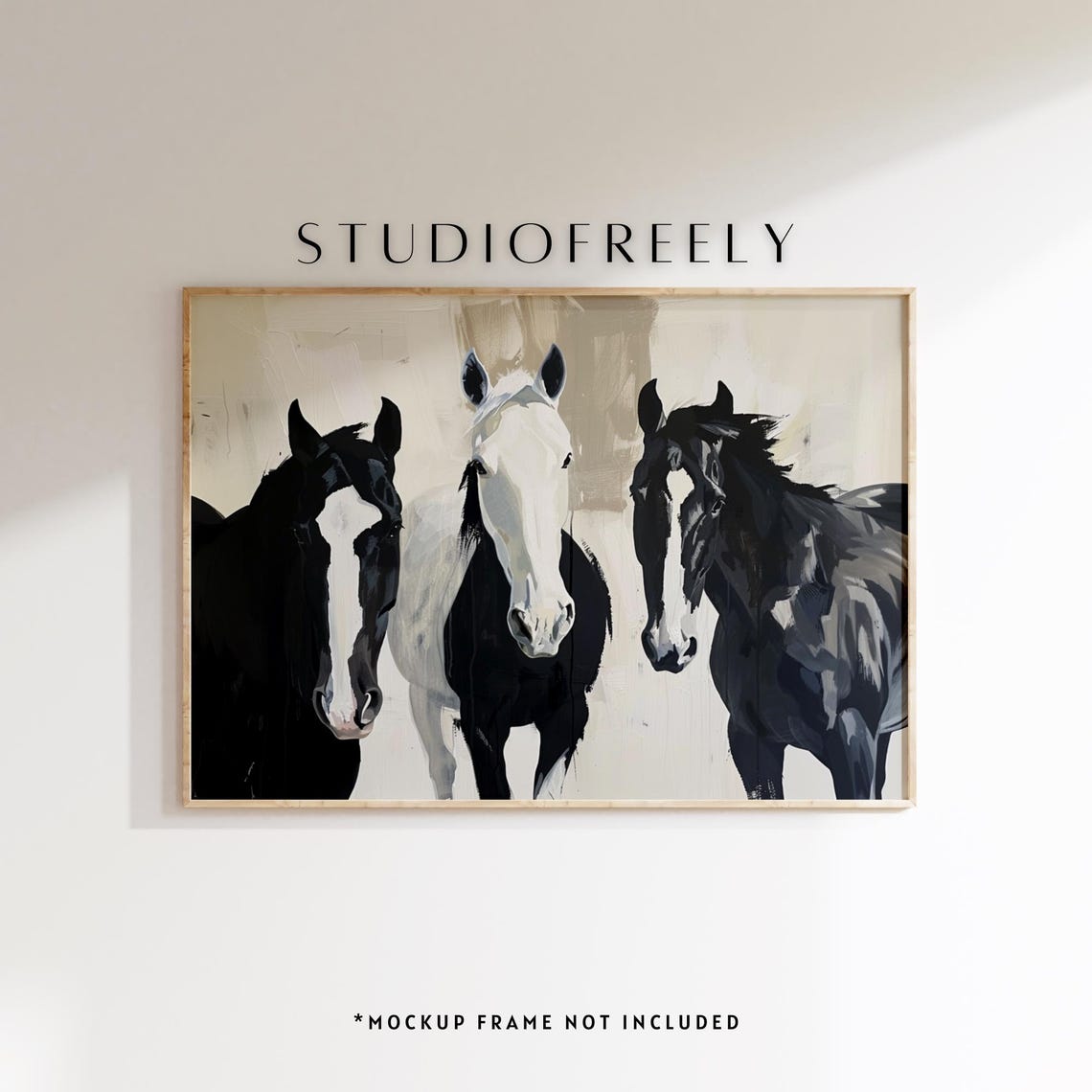 Black White Horse Trio Modern Equestrian Abstract Art Poster