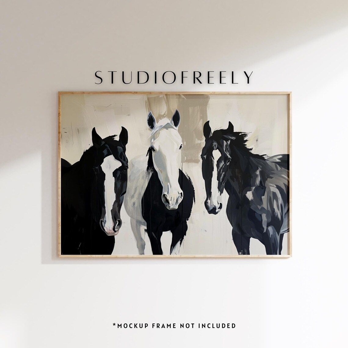 Three Horses Gouache Painting, Minimalist Art