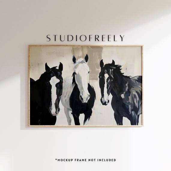 Black And White Horse Wall Art Print Modern Equestrian Home Decor Abstract Painting