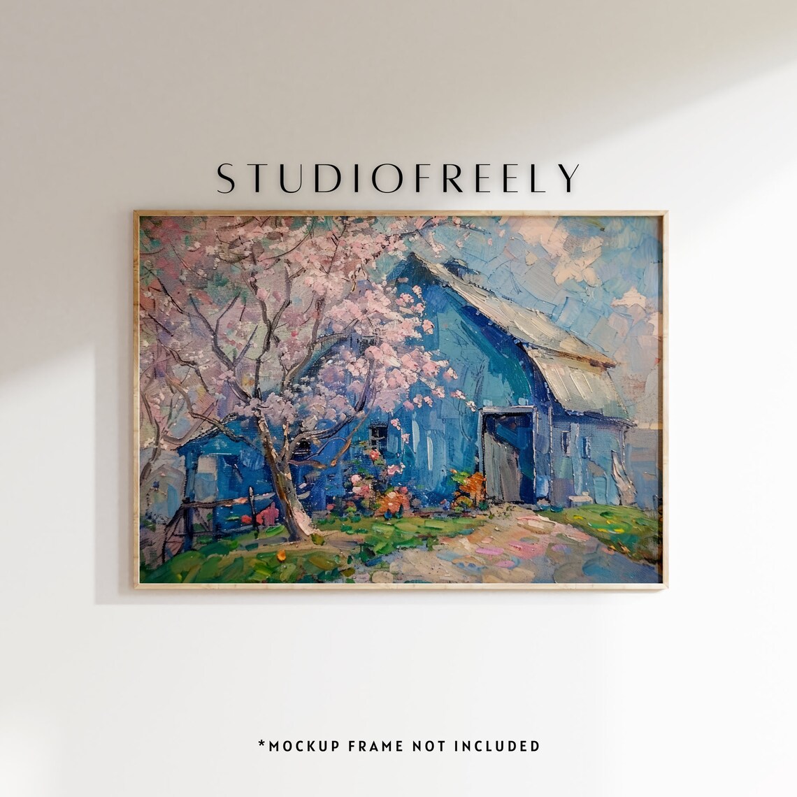 Blue Barn with Cherry Blossom Tree in Spring Impressionist Painting Poster