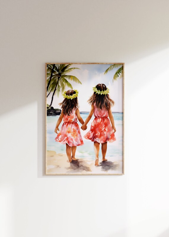 Hawaiian Sisters Beach Watercolor Leis Floral Dresses Art Poster
