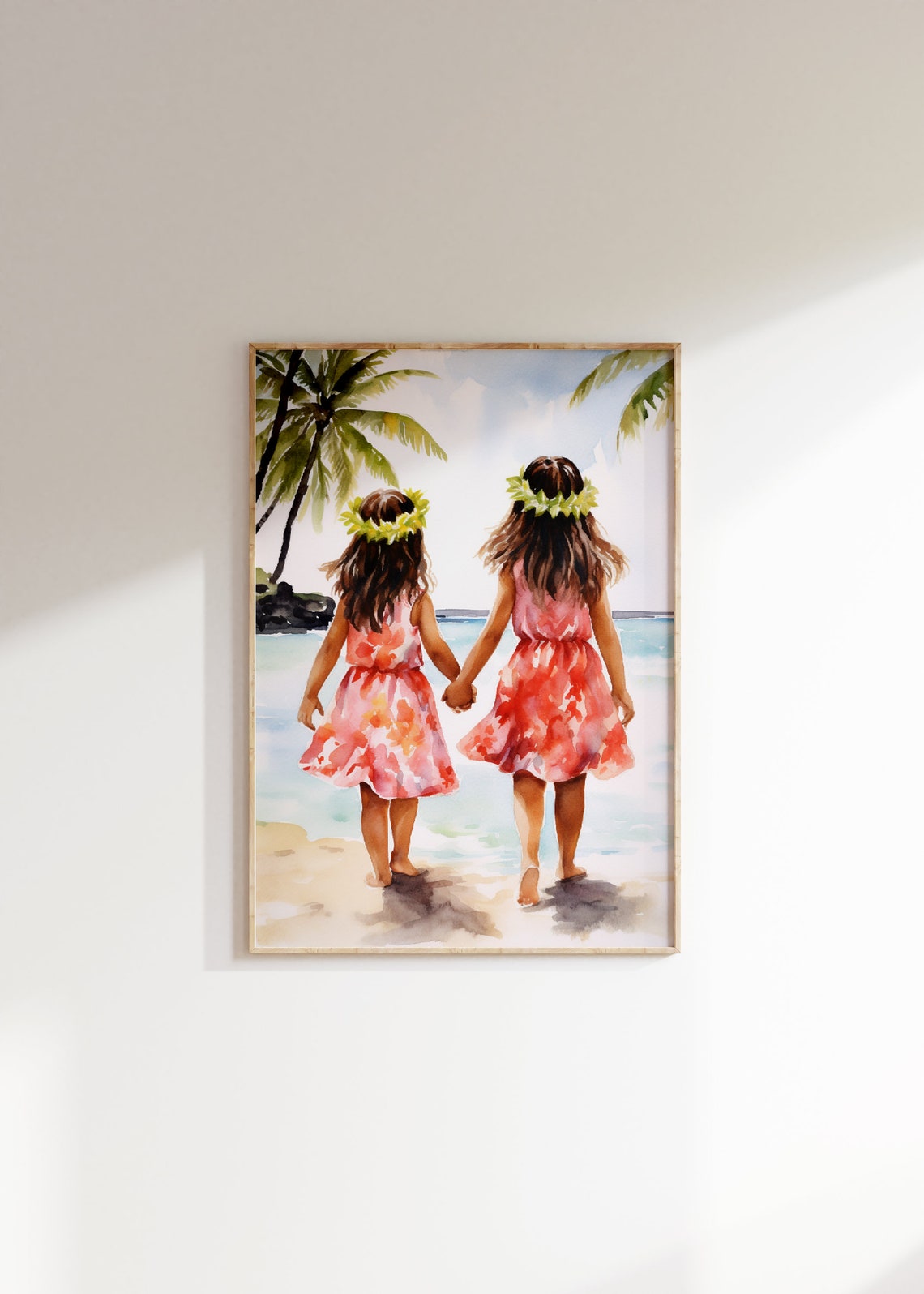 Hawaiian Sisters Watercolor Art Print Beach Scenery