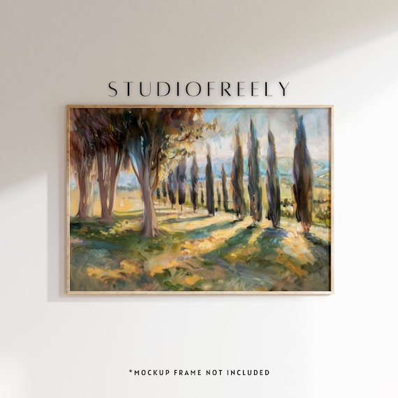 Tuscany Cypress Trees in Golden Sunlight Italian Landscape Painting Poster