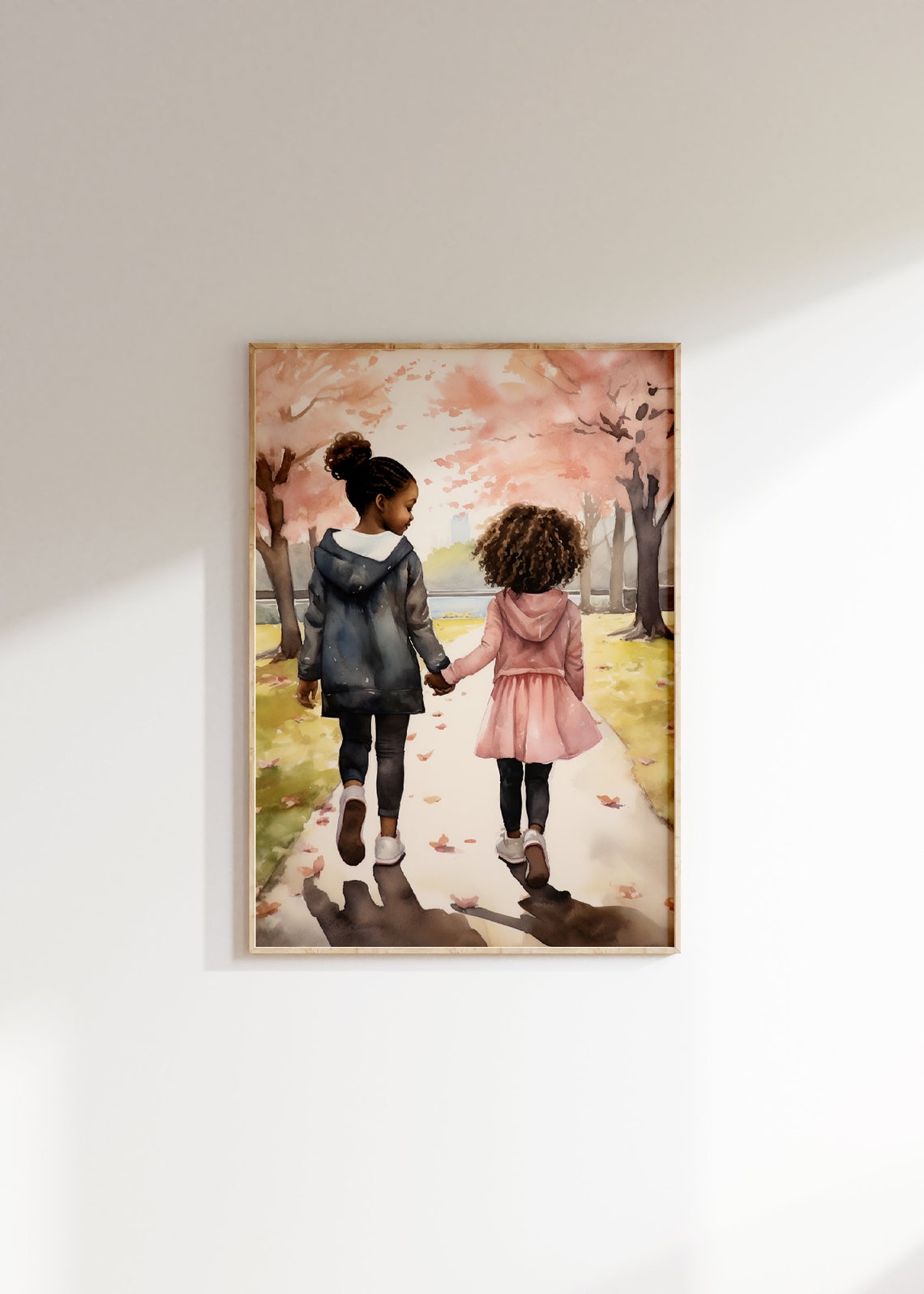 Two Sisters Girls Holding Hands Blossom Path Watercolor Art Print